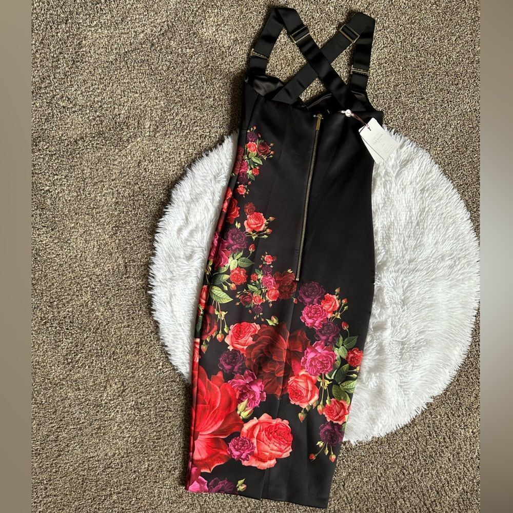 Ted Baker Dress Meric Juxtapose Rose Midi New Black Red Adjustable Straps Size 4 - Picture 2 of 14
